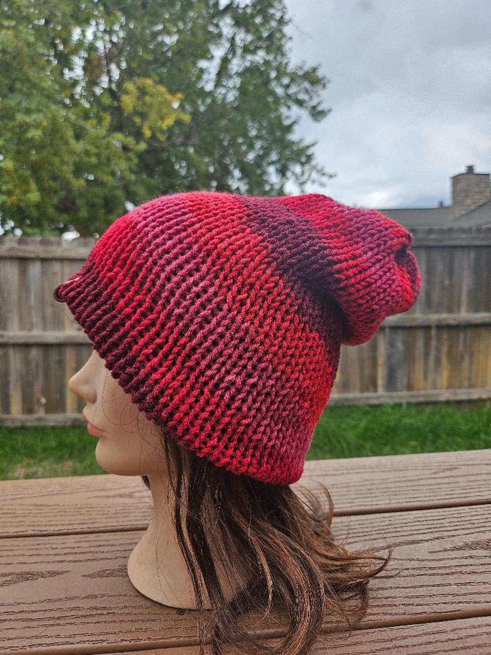 Handmade Red & Maroon Variegated Slouchy Knit Beanie Hat